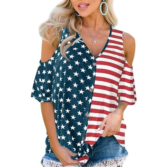 Spadehill NWOT USA Flag Cold Shoulder Button Down Blouse Size L Patriotic Top - Picture 1 of 7